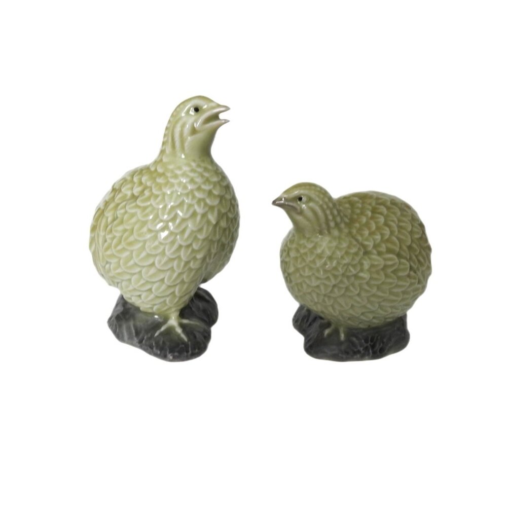Vintage 1980s Ceramic Quail Partridge Bird Figurines Light Green Japan Set of 2